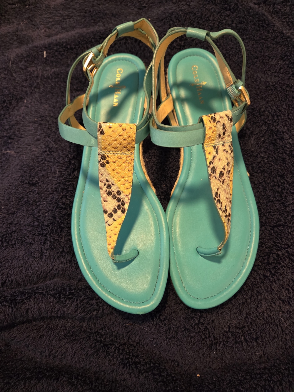Cole Haan Teal Sandals with Yellow Snake-Print T-Strap Sandals - Size 10